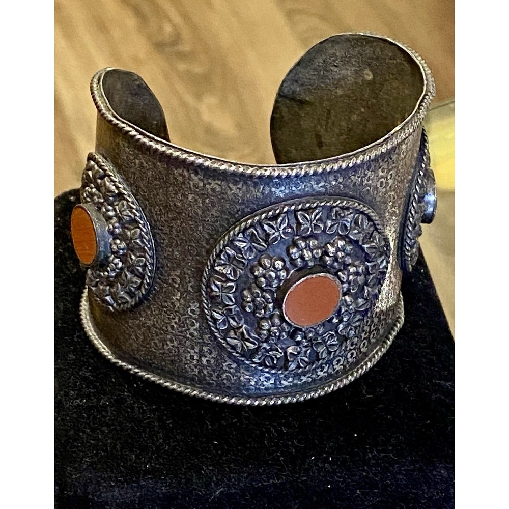 Vtg Sterling Silver Handmade 2" Wide Cuff Bracelet Carnelian Turkmen 56.7 gm